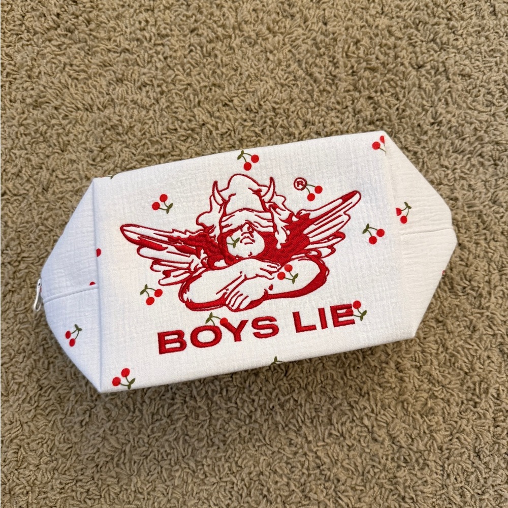 Boys Lie White Cosmetic Pouch with Red Graphic & Cherry Print